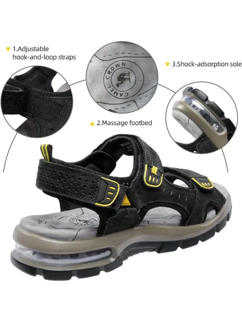 Men's Black Athletic Outdoor Leather Solid Waterproof Rubber Hiking Sandal Shoes